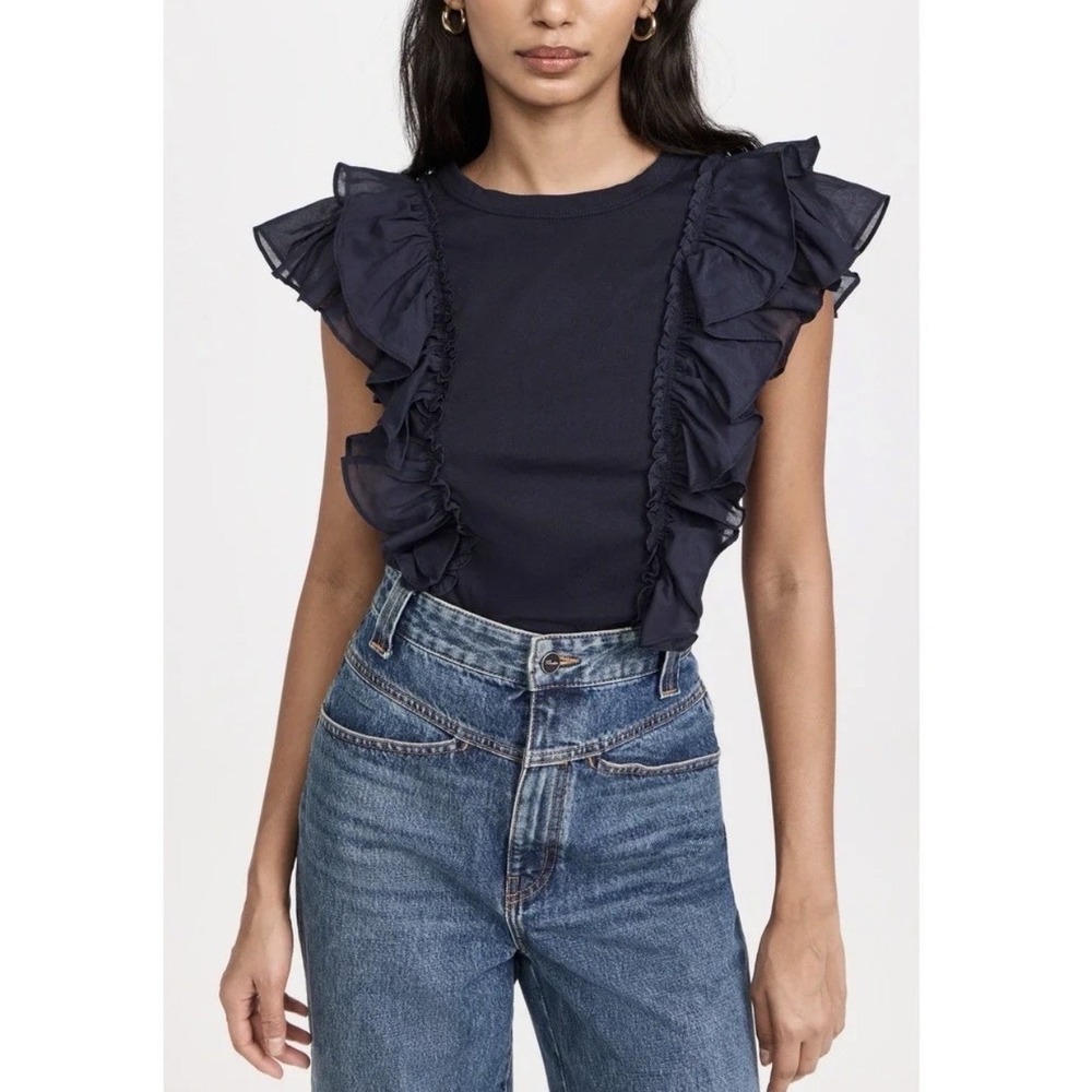 Veronica Beard Bardot Cotton Ruffle Tee Navy Size XS - Picture 2 of 7